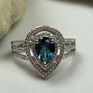 Pear London Blue topaz and white sapphire sterling silver ring